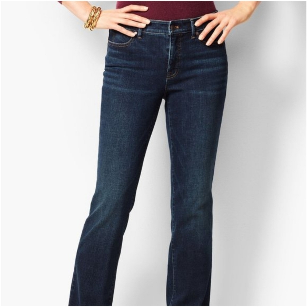 EUC Talbots Flawless High Rise Barely Boot Jeans in Dark Blue Distressed Denim